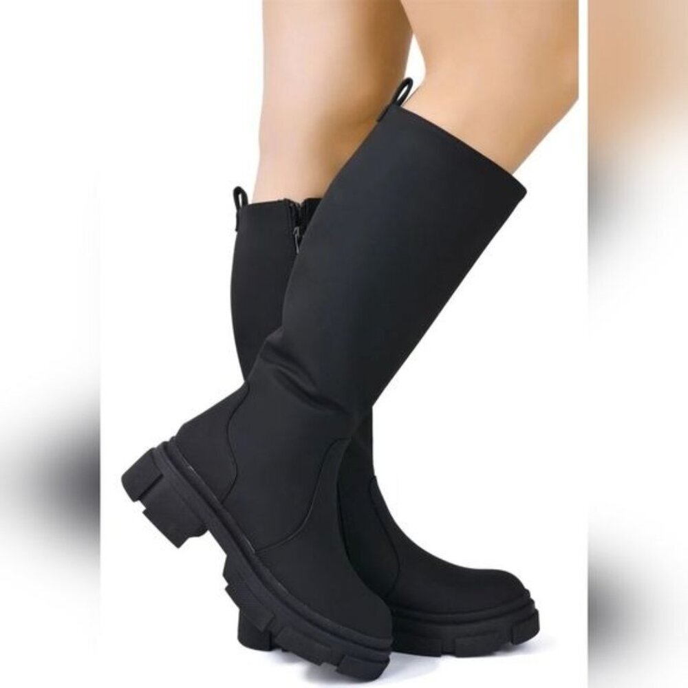 Black Color Round Toe Synthetic Mid Calf Boots Side Zipper Women's - Picture 4 of 5